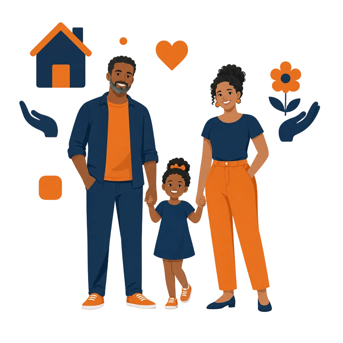 Família com casa e coração ao redor