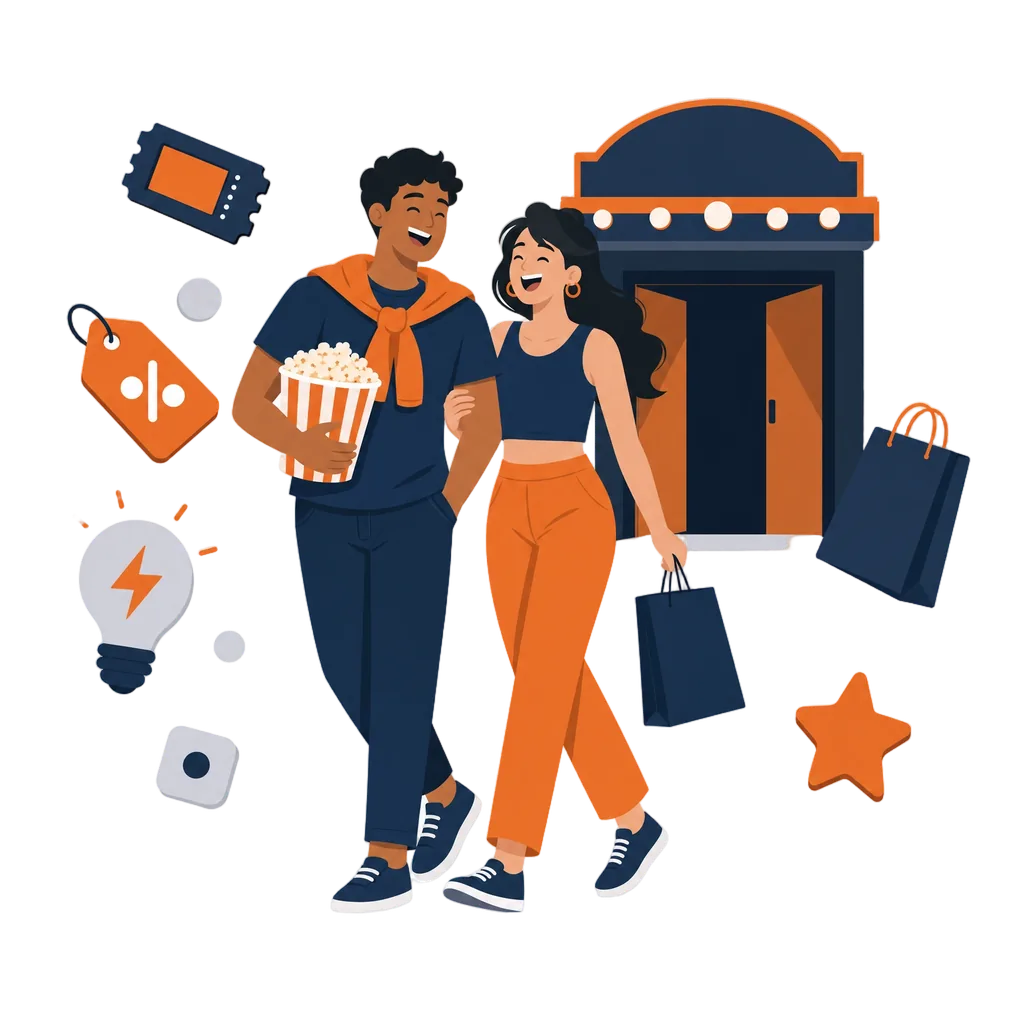 Casal saindo do cinema com pipoca